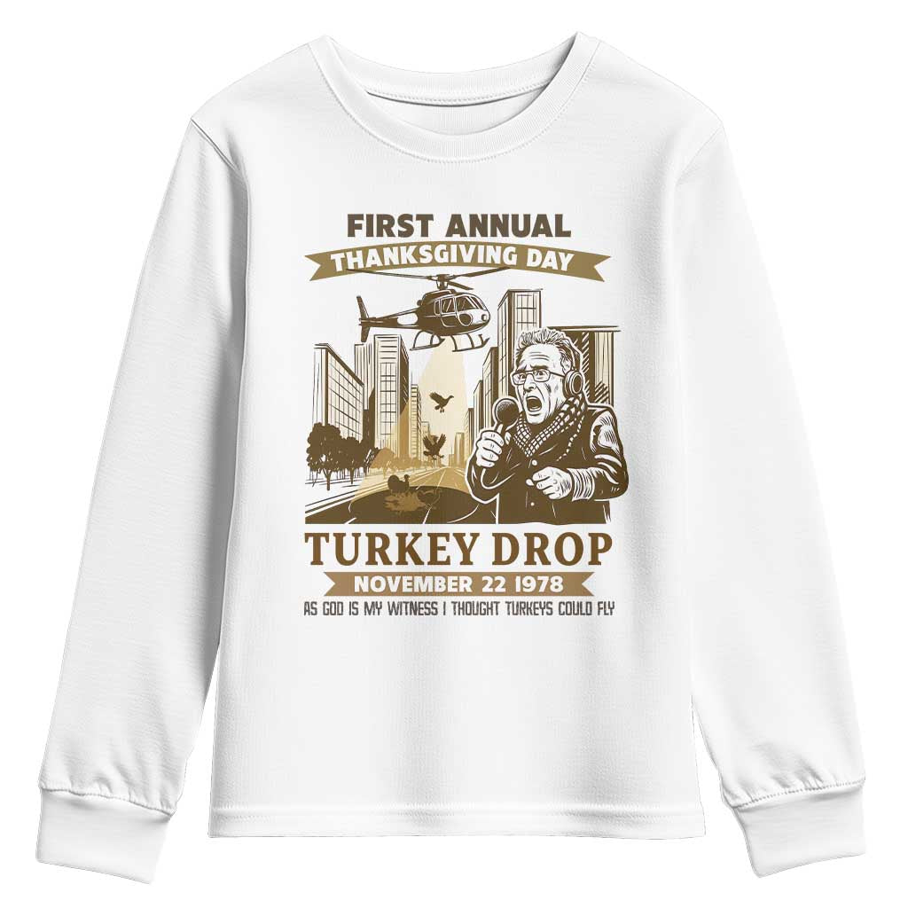 Vintage Thanksgiving Turkey Drop Youth Sweatshirt Funny 1978 Helicopter Scene Classic TV Moment TS02 White Print Your Wear