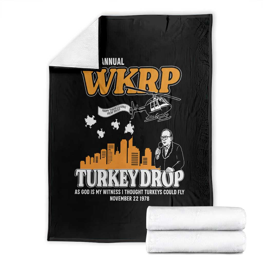 WKRP Turkey Drop with Les Nessman Throw Blanket Retro Thanksgiving Humor for Classic TV Fans TS02 Black Print Your Wear