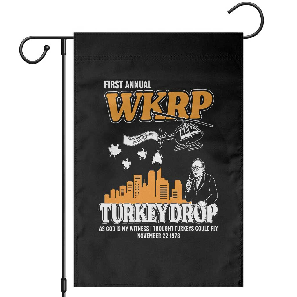 WKRP Turkey Drop with Les Nessman Garden Flag Retro Thanksgiving Humor for Classic TV Fans TS02 Black Print Your Wear