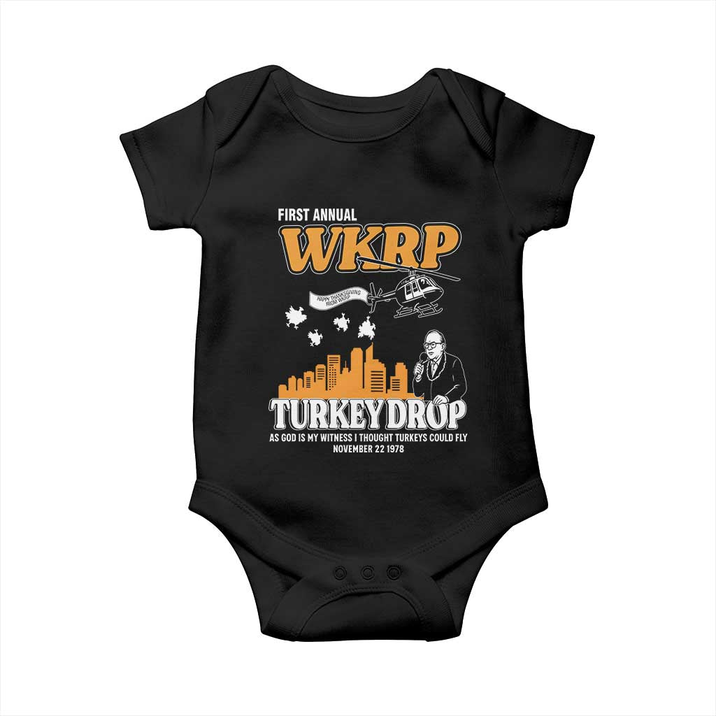 WKRP Turkey Drop with Les Nessman Baby Onesie Retro Thanksgiving Humor for Classic TV Fans TS02 Black Print Your Wear