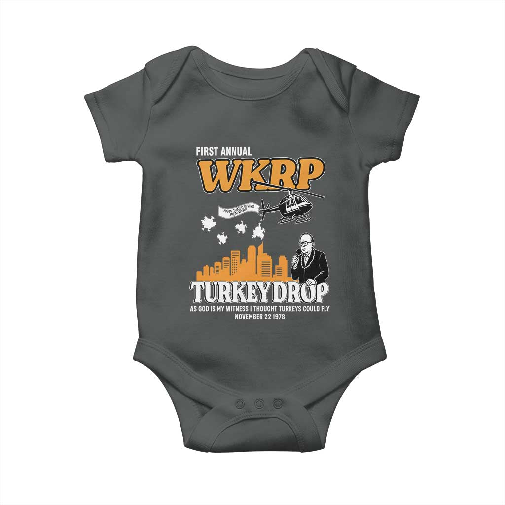 WKRP Turkey Drop with Les Nessman Baby Onesie Retro Thanksgiving Humor for Classic TV Fans TS02 Dark Heather Print Your Wear