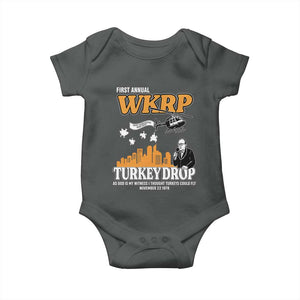 WKRP Turkey Drop with Les Nessman Baby Onesie Retro Thanksgiving Humor for Classic TV Fans TS02 Dark Heather Print Your Wear