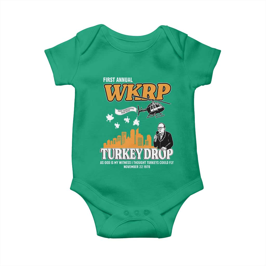 WKRP Turkey Drop with Les Nessman Baby Onesie Retro Thanksgiving Humor for Classic TV Fans TS02 Irish Green Print Your Wear