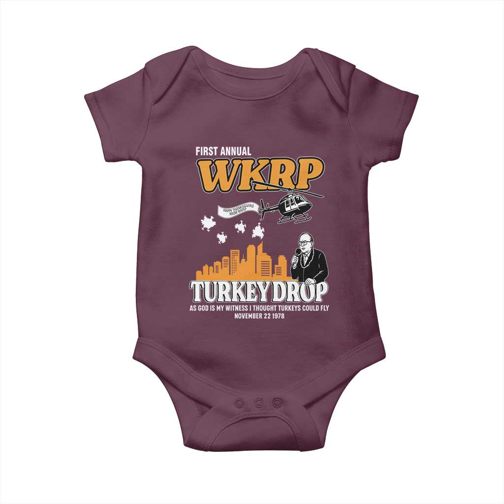 WKRP Turkey Drop with Les Nessman Baby Onesie Retro Thanksgiving Humor for Classic TV Fans TS02 Maroon Print Your Wear