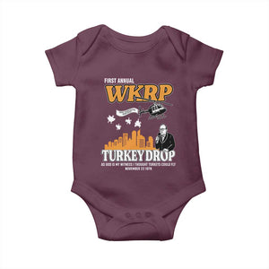 WKRP Turkey Drop with Les Nessman Baby Onesie Retro Thanksgiving Humor for Classic TV Fans TS02 Maroon Print Your Wear