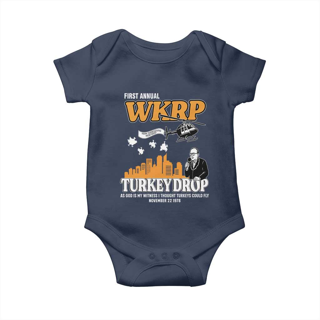 WKRP Turkey Drop with Les Nessman Baby Onesie Retro Thanksgiving Humor for Classic TV Fans TS02 Navy Print Your Wear