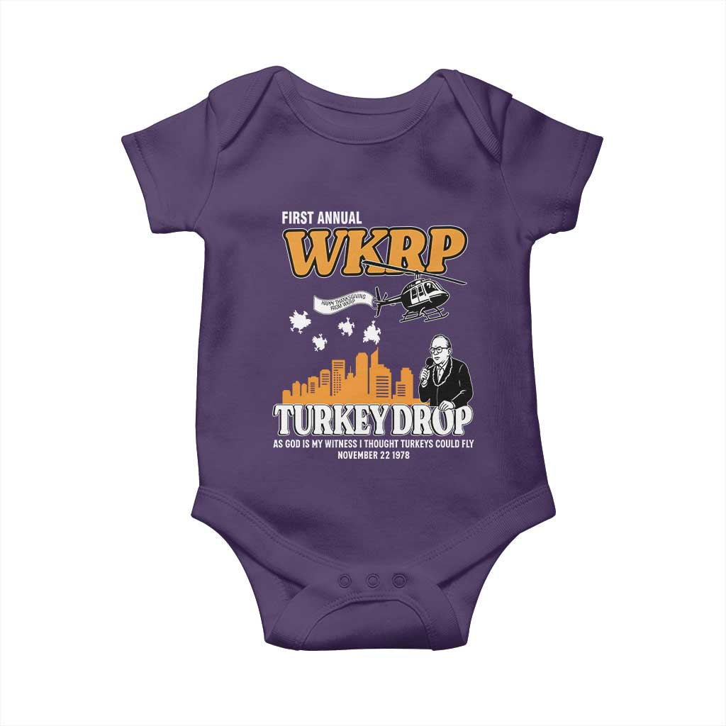 WKRP Turkey Drop with Les Nessman Baby Onesie Retro Thanksgiving Humor for Classic TV Fans TS02 Purple Print Your Wear
