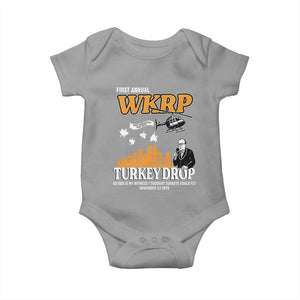 WKRP Turkey Drop with Les Nessman Baby Onesie Retro Thanksgiving Humor for Classic TV Fans TS02 Sport Gray Print Your Wear