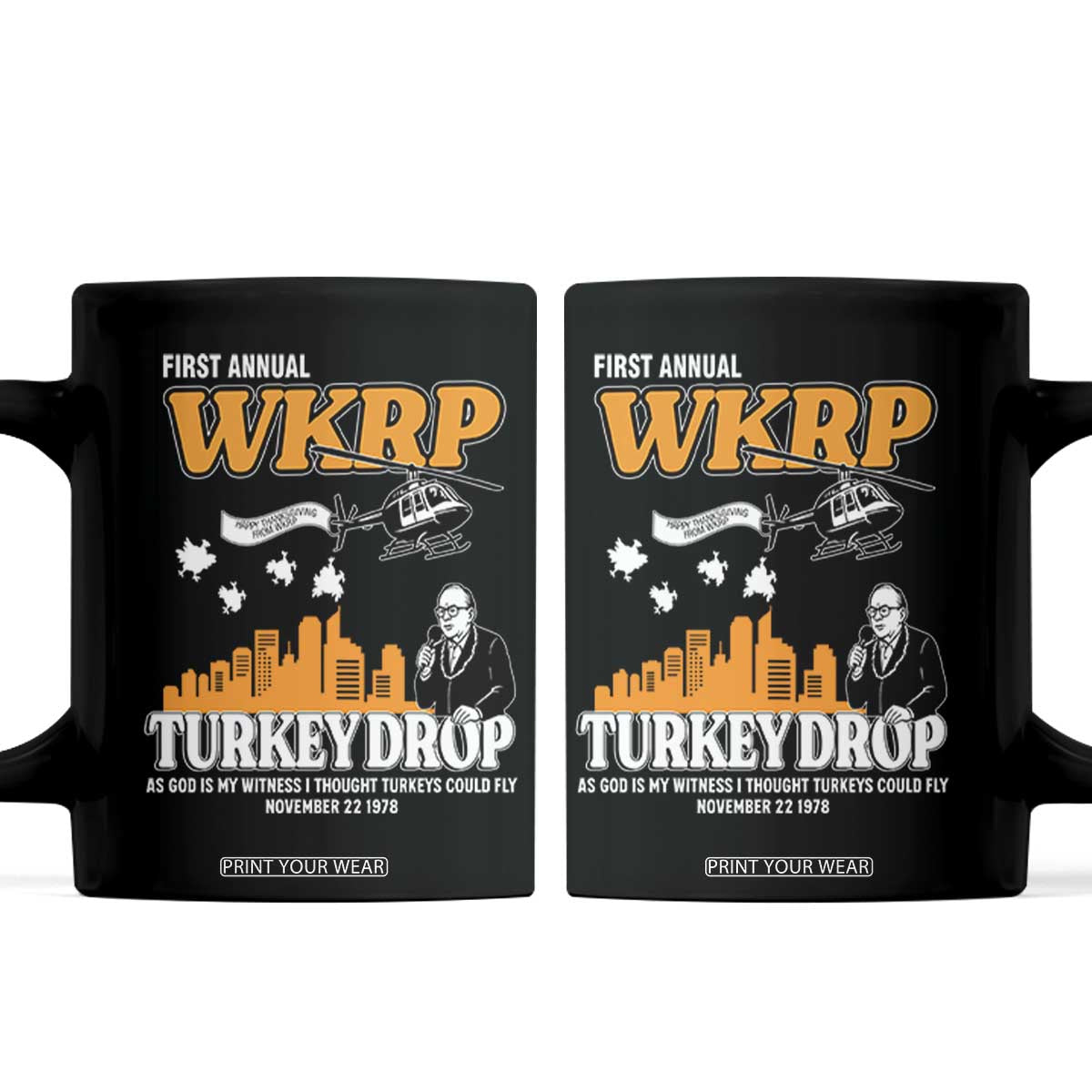 WKRP Turkey Drop with Les Nessman Coffee Mug Retro Thanksgiving Humor for Classic TV Fans TS02 Black Print Your Wear