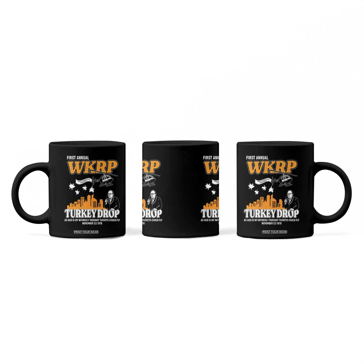 WKRP Turkey Drop with Les Nessman Coffee Mug Retro Thanksgiving Humor for Classic TV Fans TS02 Print Your Wear