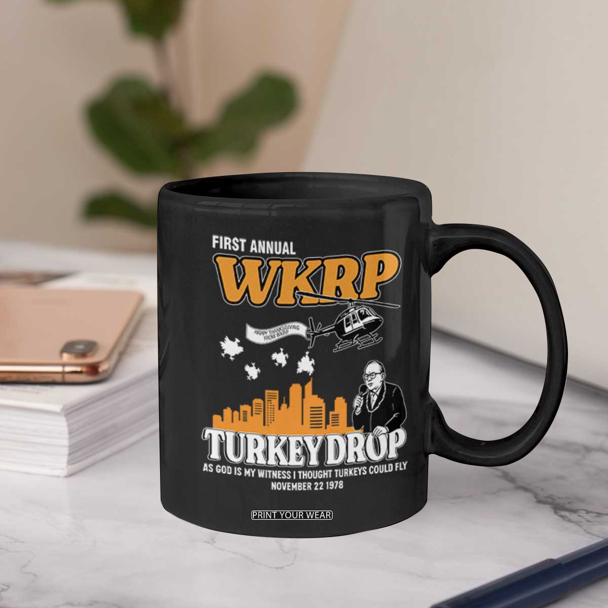 WKRP Turkey Drop with Les Nessman Coffee Mug Retro Thanksgiving Humor for Classic TV Fans TS02 Print Your Wear