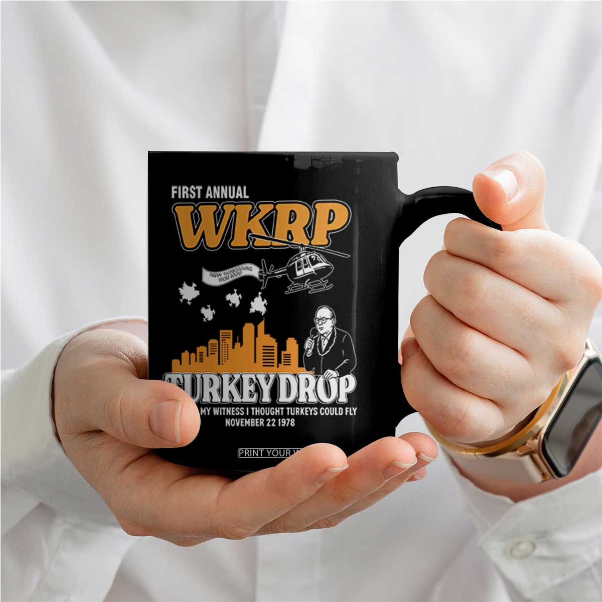 WKRP Turkey Drop with Les Nessman Coffee Mug Retro Thanksgiving Humor for Classic TV Fans TS02 Print Your Wear