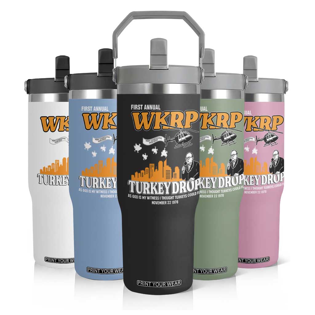 WKRP Turkey Drop with Les Nessman Flip Straw Tumbler Retro Thanksgiving Humor for Classic TV Fans TS02 Print Your Wear