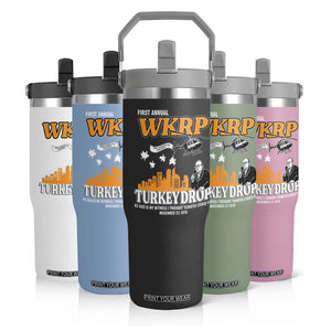 WKRP Turkey Drop with Les Nessman Flip Straw Tumbler Retro Thanksgiving Humor for Classic TV Fans TS02 Print Your Wear