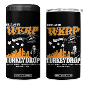 WKRP Turkey Drop with Les Nessman 4 in 1 Can Cooler Tumbler Retro Thanksgiving Humor for Classic TV Fans TS02 One Size: 16 oz Black Print Your Wear