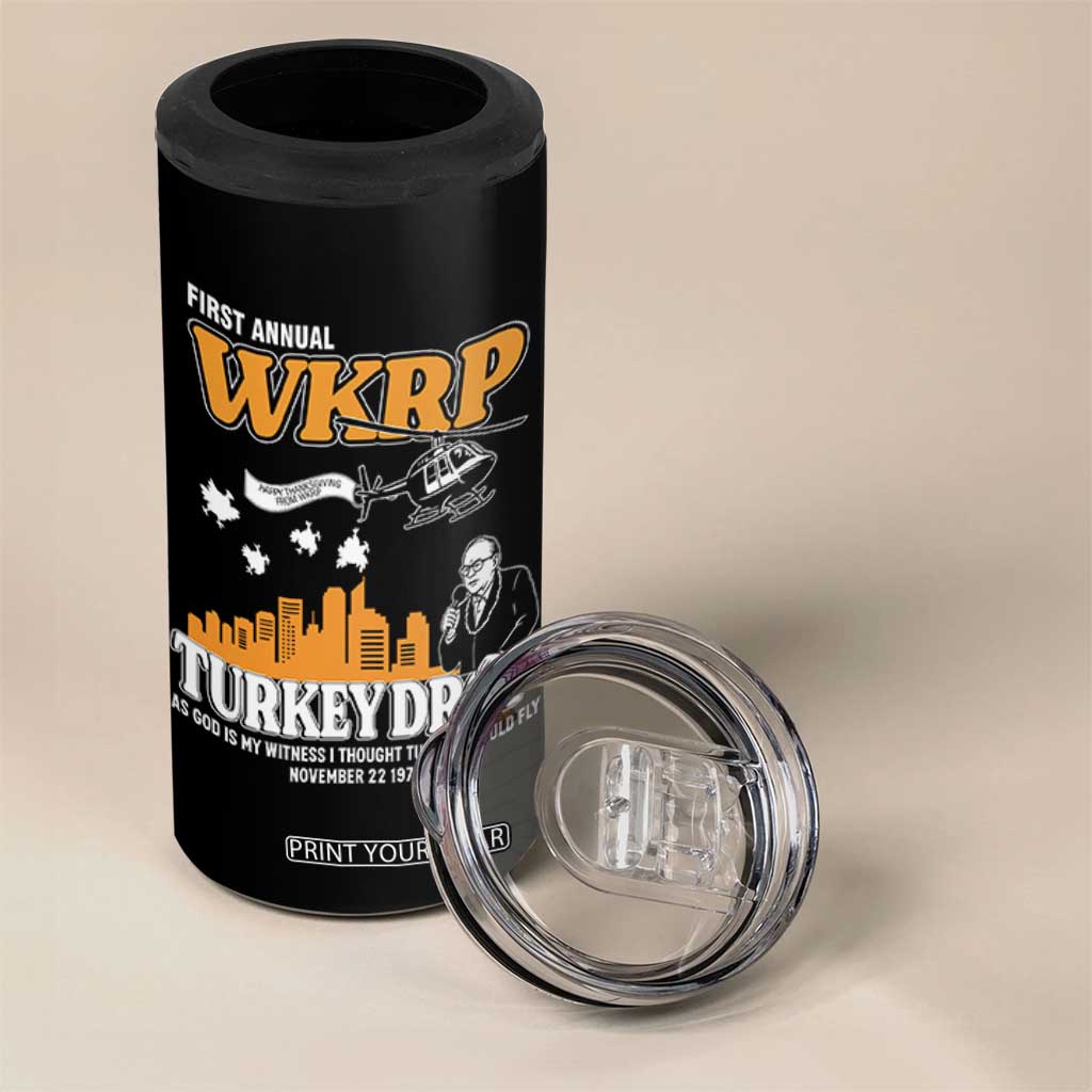 WKRP Turkey Drop with Les Nessman 4 in 1 Can Cooler Tumbler Retro Thanksgiving Humor for Classic TV Fans TS02 Print Your Wear