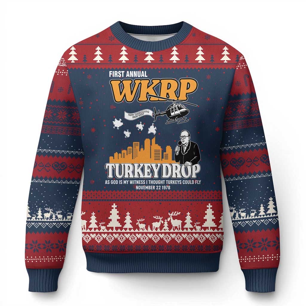 WKRP Turkey Drop with Les Nessman Ugly Christmas Sweater Retro Thanksgiving Humor for Classic TV Fans TS02 Navy Red Print Your Wear