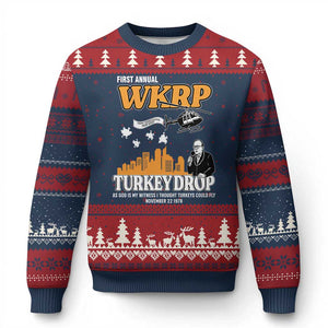 WKRP Turkey Drop with Les Nessman Ugly Christmas Sweater Retro Thanksgiving Humor for Classic TV Fans TS02 Navy Red Print Your Wear