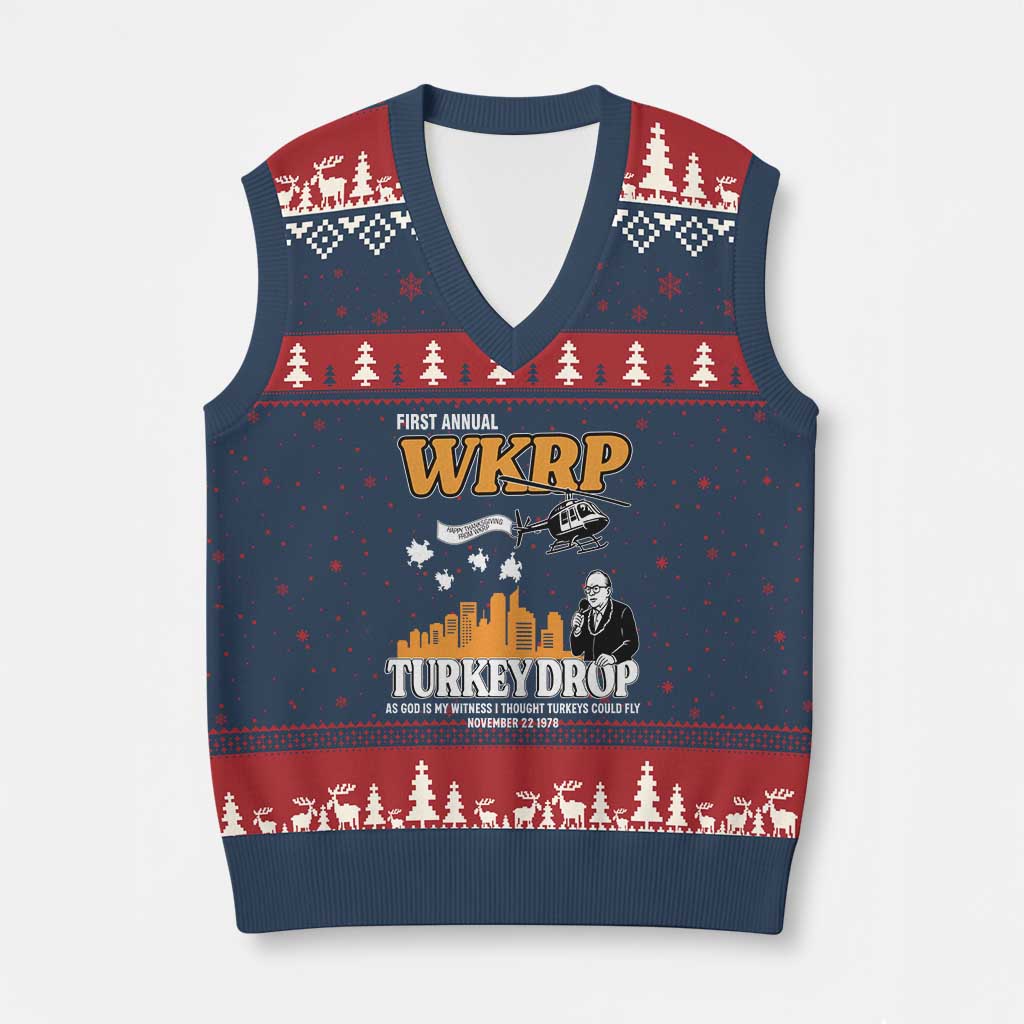 WKRP Turkey Drop with Les Nessman V-Neck Knit Sweater Vest Retro Thanksgiving Humor for Classic TV Fans TS02 Navy Red Print Your Wear
