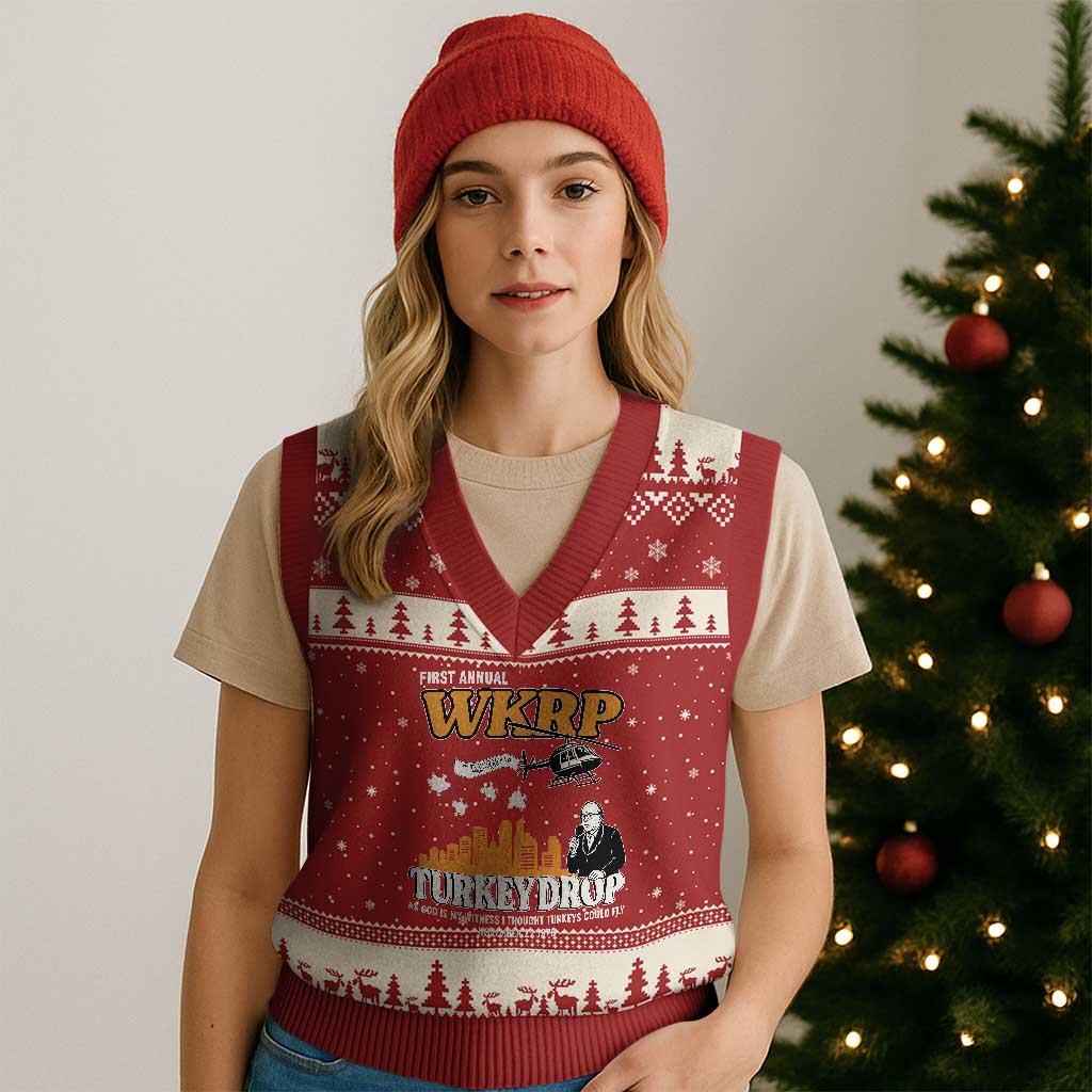 WKRP Turkey Drop with Les Nessman V-Neck Knit Sweater Vest Retro Thanksgiving Humor for Classic TV Fans TS02 Red Beige Print Your Wear