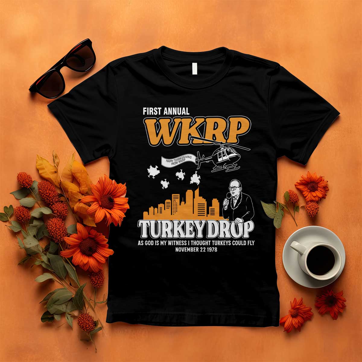 WKRP Turkey Drop with Les Nessman T Shirt Retro Thanksgiving Humor for Classic TV Fans TS02 Black Print Your Wear