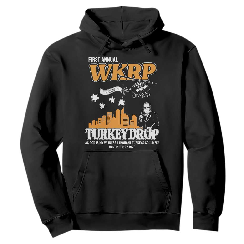 WKRP Turkey Drop with Les Nessman Hoodie Retro Thanksgiving Humor for Classic TV Fans TS02 Black Print Your Wear