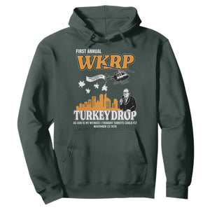 WKRP Turkey Drop with Les Nessman Hoodie Retro Thanksgiving Humor for Classic TV Fans TS02 Dark Forest Green Print Your Wear