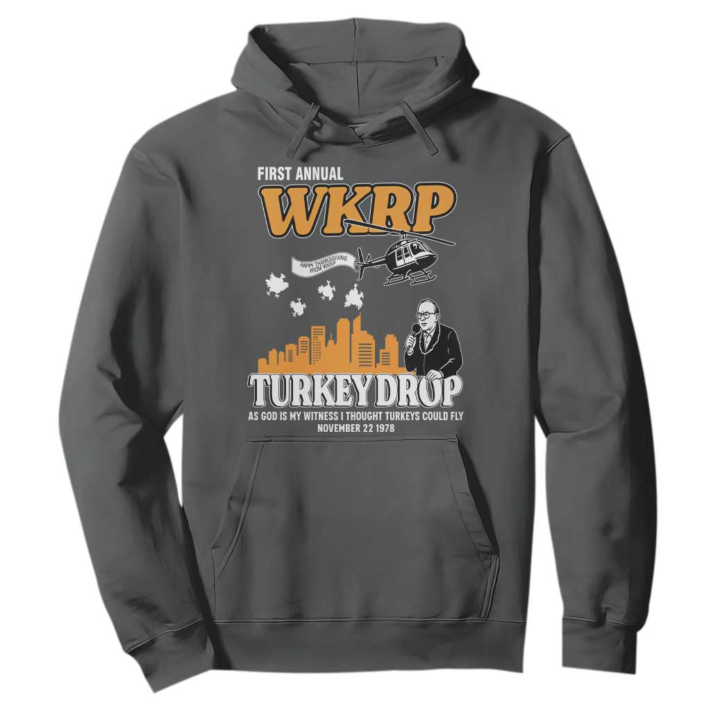 WKRP Turkey Drop with Les Nessman Hoodie Retro Thanksgiving Humor for Classic TV Fans TS02 Dark Heather Print Your Wear