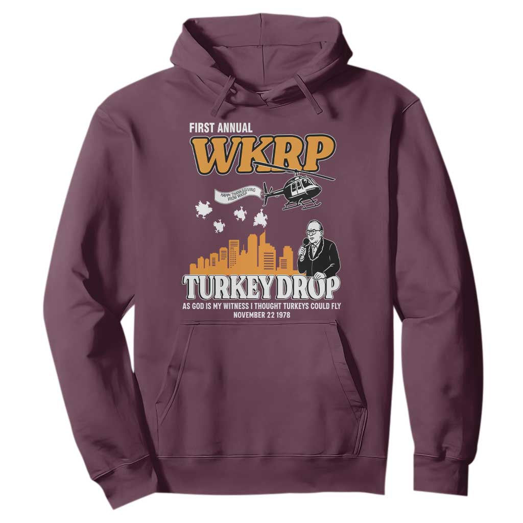 WKRP Turkey Drop with Les Nessman Hoodie Retro Thanksgiving Humor for Classic TV Fans TS02 Maroon Print Your Wear