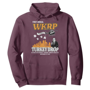 WKRP Turkey Drop with Les Nessman Hoodie Retro Thanksgiving Humor for Classic TV Fans TS02 Maroon Print Your Wear