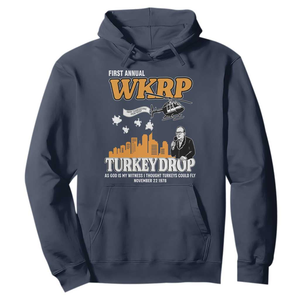 WKRP Turkey Drop with Les Nessman Hoodie Retro Thanksgiving Humor for Classic TV Fans TS02 Navy Print Your Wear