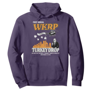 WKRP Turkey Drop with Les Nessman Hoodie Retro Thanksgiving Humor for Classic TV Fans TS02 Purple Print Your Wear