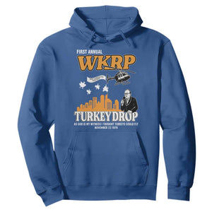 WKRP Turkey Drop with Les Nessman Hoodie Retro Thanksgiving Humor for Classic TV Fans TS02 Royal Blue Print Your Wear