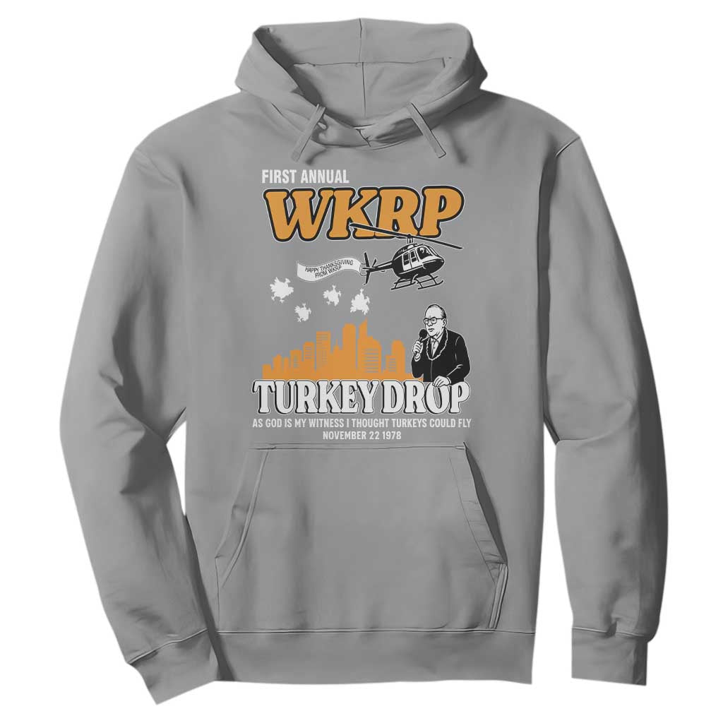 WKRP Turkey Drop with Les Nessman Hoodie Retro Thanksgiving Humor for Classic TV Fans TS02 Sport Gray Print Your Wear