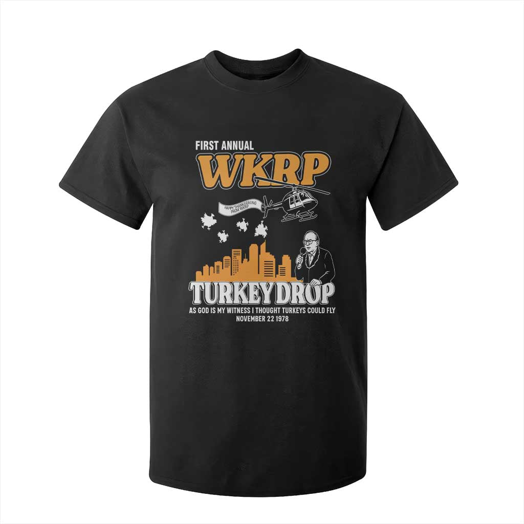 WKRP Turkey Drop with Les Nessman T Shirt For Kid Retro Thanksgiving Humor for Classic TV Fans TS02 Black Print Your Wear