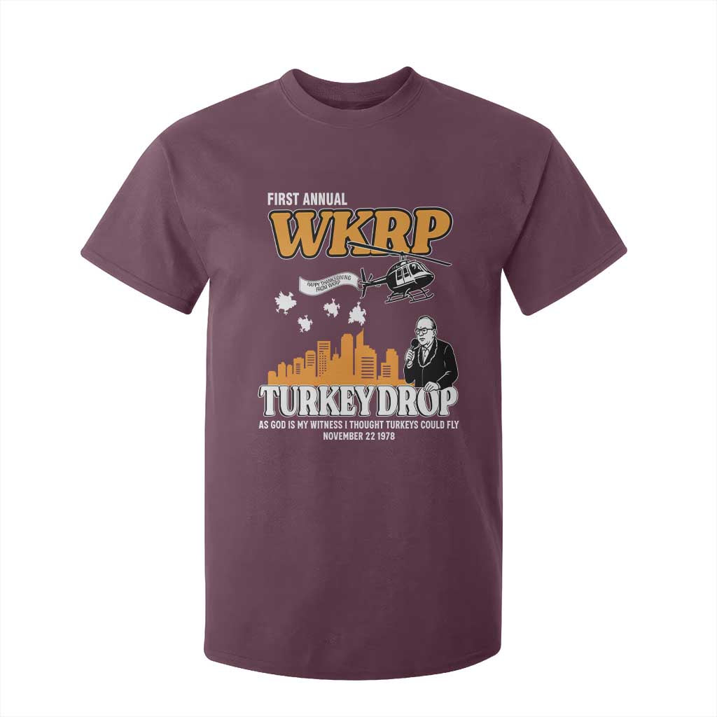 WKRP Turkey Drop with Les Nessman T Shirt For Kid Retro Thanksgiving Humor for Classic TV Fans TS02 Maroon Print Your Wear