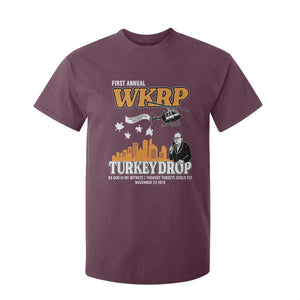 WKRP Turkey Drop with Les Nessman T Shirt For Kid Retro Thanksgiving Humor for Classic TV Fans TS02 Maroon Print Your Wear