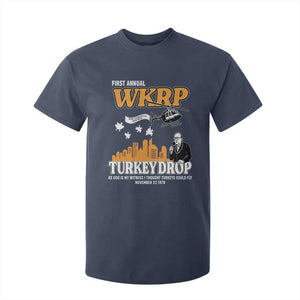 WKRP Turkey Drop with Les Nessman T Shirt For Kid Retro Thanksgiving Humor for Classic TV Fans TS02 Navy Print Your Wear
