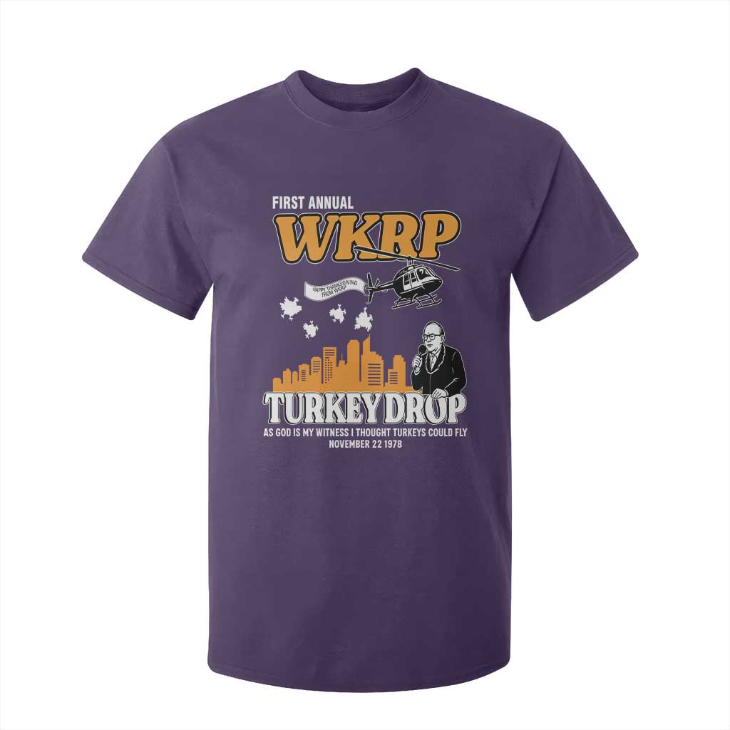 WKRP Turkey Drop with Les Nessman T Shirt For Kid Retro Thanksgiving Humor for Classic TV Fans TS02 Purple Print Your Wear