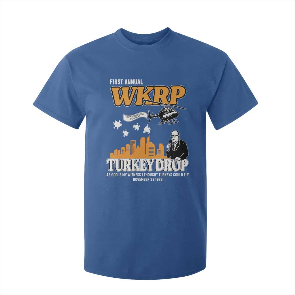 WKRP Turkey Drop with Les Nessman T Shirt For Kid Retro Thanksgiving Humor for Classic TV Fans TS02 Royal Blue Print Your Wear