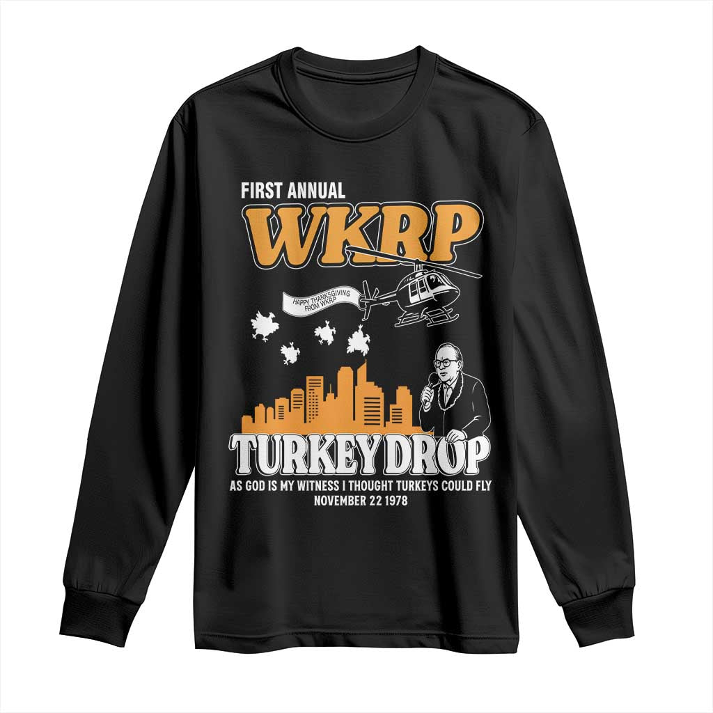 WKRP Turkey Drop with Les Nessman Long Sleeve Shirt Retro Thanksgiving Humor for Classic TV Fans TS02 Black Print Your Wear