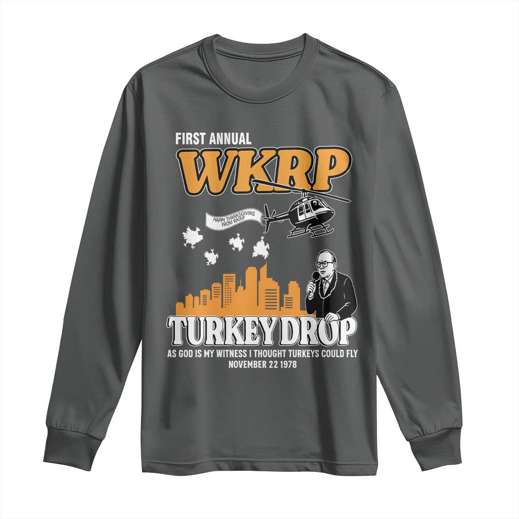 WKRP Turkey Drop with Les Nessman Long Sleeve Shirt Retro Thanksgiving Humor for Classic TV Fans TS02 Dark Heather Print Your Wear