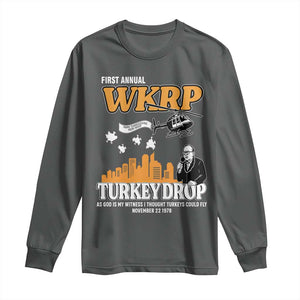 WKRP Turkey Drop with Les Nessman Long Sleeve Shirt Retro Thanksgiving Humor for Classic TV Fans TS02 Dark Heather Print Your Wear
