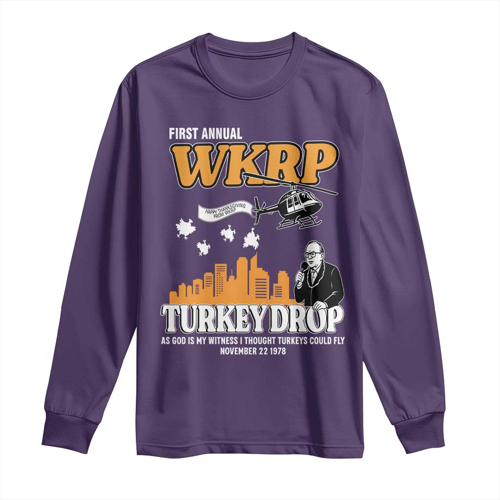 WKRP Turkey Drop with Les Nessman Long Sleeve Shirt Retro Thanksgiving Humor for Classic TV Fans TS02 Purple Print Your Wear
