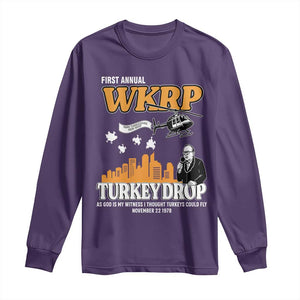 WKRP Turkey Drop with Les Nessman Long Sleeve Shirt Retro Thanksgiving Humor for Classic TV Fans TS02 Purple Print Your Wear