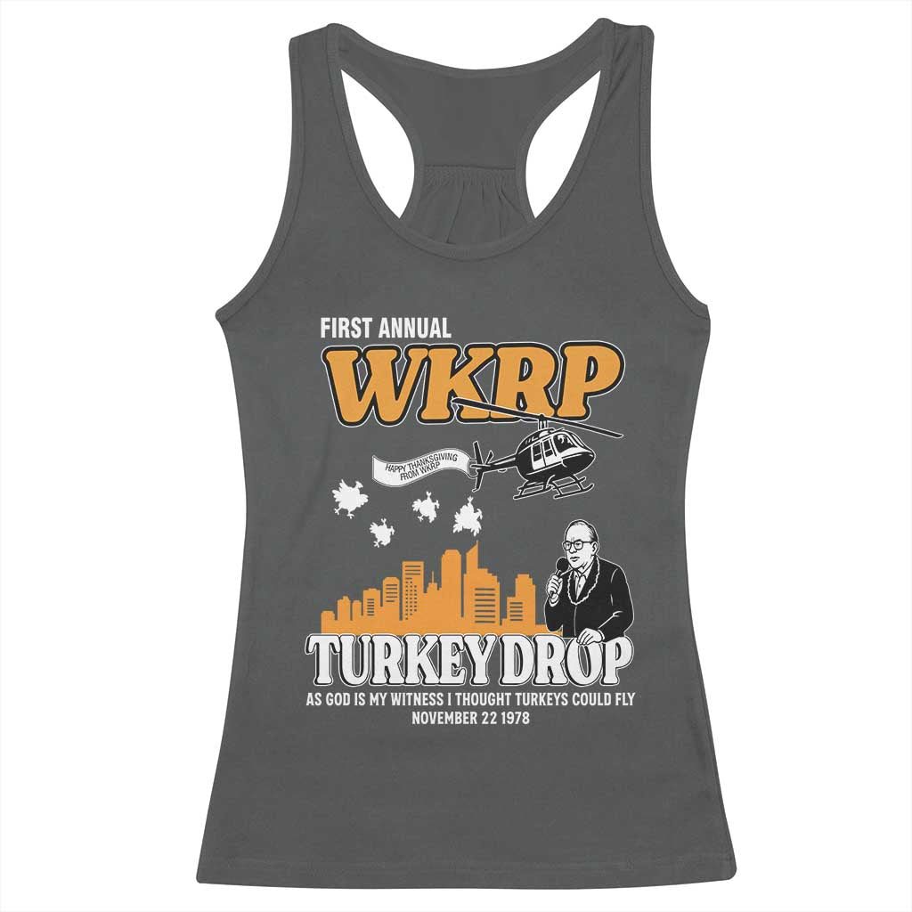 WKRP Turkey Drop with Les Nessman Racerback Tank Top Retro Thanksgiving Humor for Classic TV Fans TS02 Dark Heather Print Your Wear