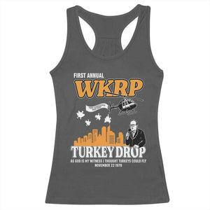 WKRP Turkey Drop with Les Nessman Racerback Tank Top Retro Thanksgiving Humor for Classic TV Fans TS02 Dark Heather Print Your Wear