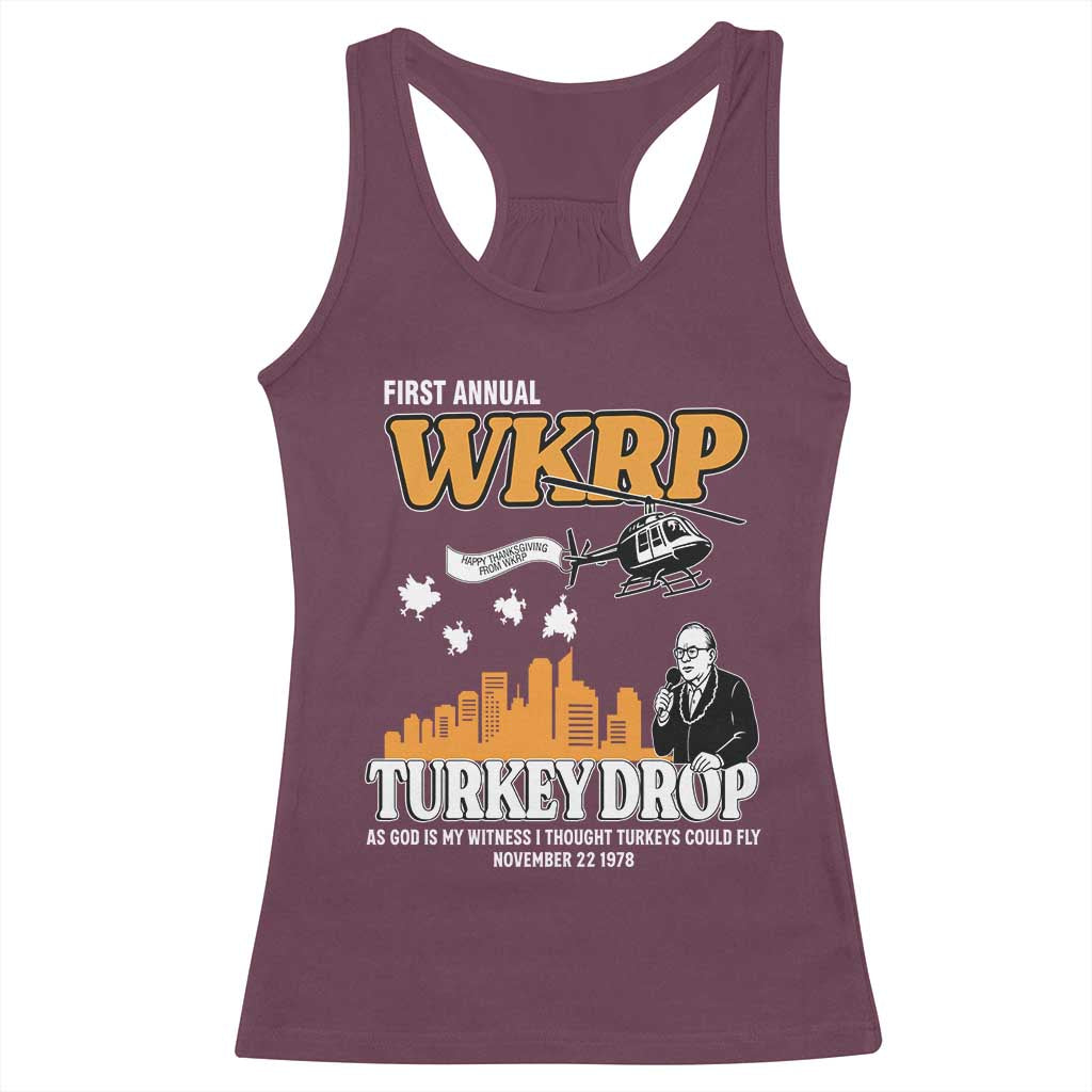 WKRP Turkey Drop with Les Nessman Racerback Tank Top Retro Thanksgiving Humor for Classic TV Fans TS02 Maroon Print Your Wear