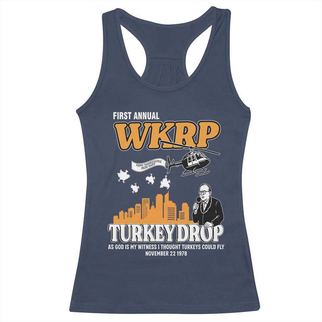 WKRP Turkey Drop with Les Nessman Racerback Tank Top Retro Thanksgiving Humor for Classic TV Fans TS02 Navy Print Your Wear