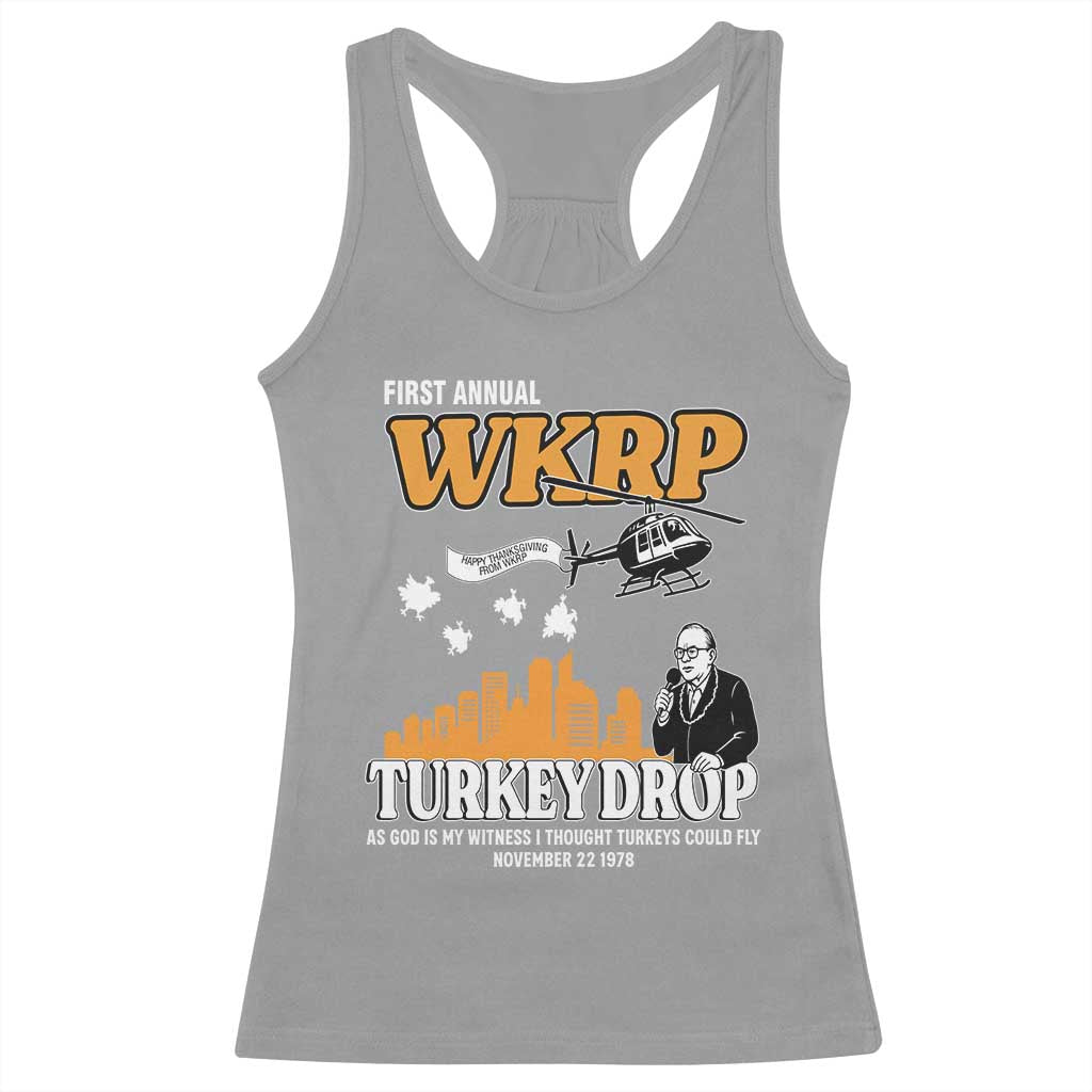 WKRP Turkey Drop with Les Nessman Racerback Tank Top Retro Thanksgiving Humor for Classic TV Fans TS02 Sport Gray Print Your Wear